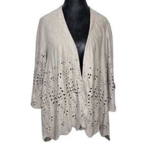 Chico’s Size 2 Women's Large Beige Open Front Laser Cut Cardigan Jacket